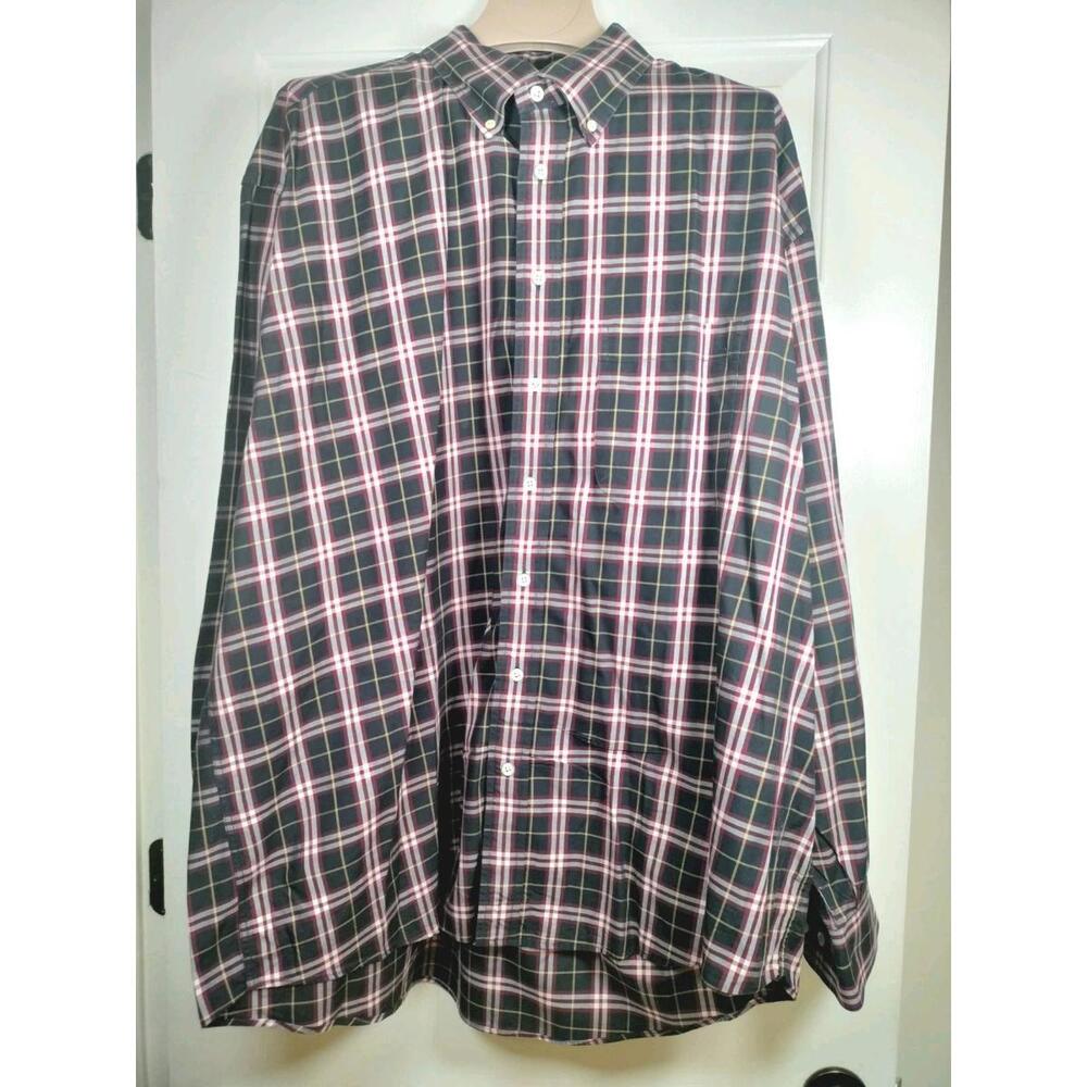 Vtg Burberry London XXL Plaid Burgundy‎ Navy Button Front Shirt Made in USA